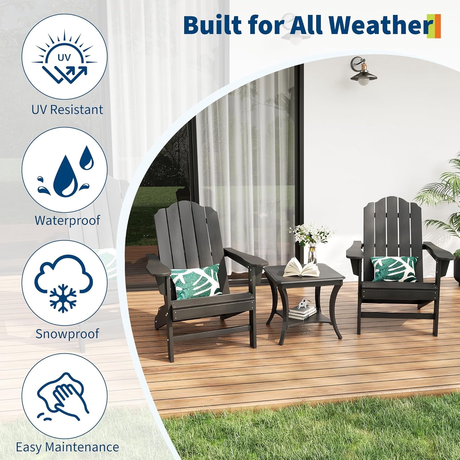 IdealHouse Adirondack Chair for Patio, HDPE Outdoor Lawn Chair with Wood Texture for Garden Backyard Deck Poolside Use