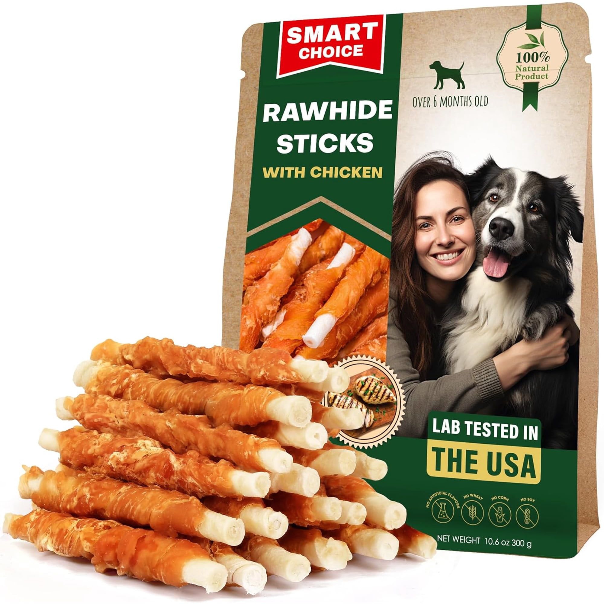 Dog Treats Rawhide Sticks 11 oz Wrapped with Chicken Pet Natural Chew Treats - Grain Free Meat & Human Grade Dried Snacks - Best for Small & Large Dogs (10.6 Ounce (Pack of 1), Rawhide Sticks)