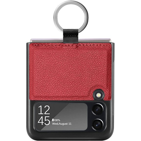 Designed for Samsung Galaxy Z Flip 3 Case with Ring, Slim Thin PU Leather Shockproof Phone Cover, Z Flip 3 5G Protective Case with Strap (2021) (Red)