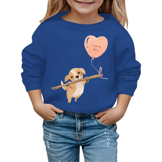 PMVFHDE Chandails en Molleton Col Rond Fille Automne et Hiver Saint-Valentin Imprimé Chiot à Capuche Bleu, 3-4 Ans