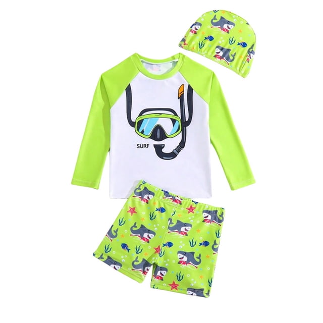 Kids Boys Summer Swim Trunks Boy Swimwear Cartoon Long Sleeve Tops Striped Shorts 3Pcs Set Spring Bathing Suits For Kid 5-6T