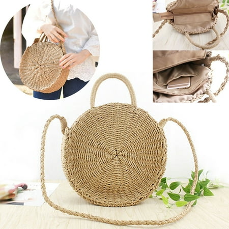 - Women Straw Retro Bag Handwoven Round Rattan Handbags Summer Beach Knitted Crossbody Bag Beige