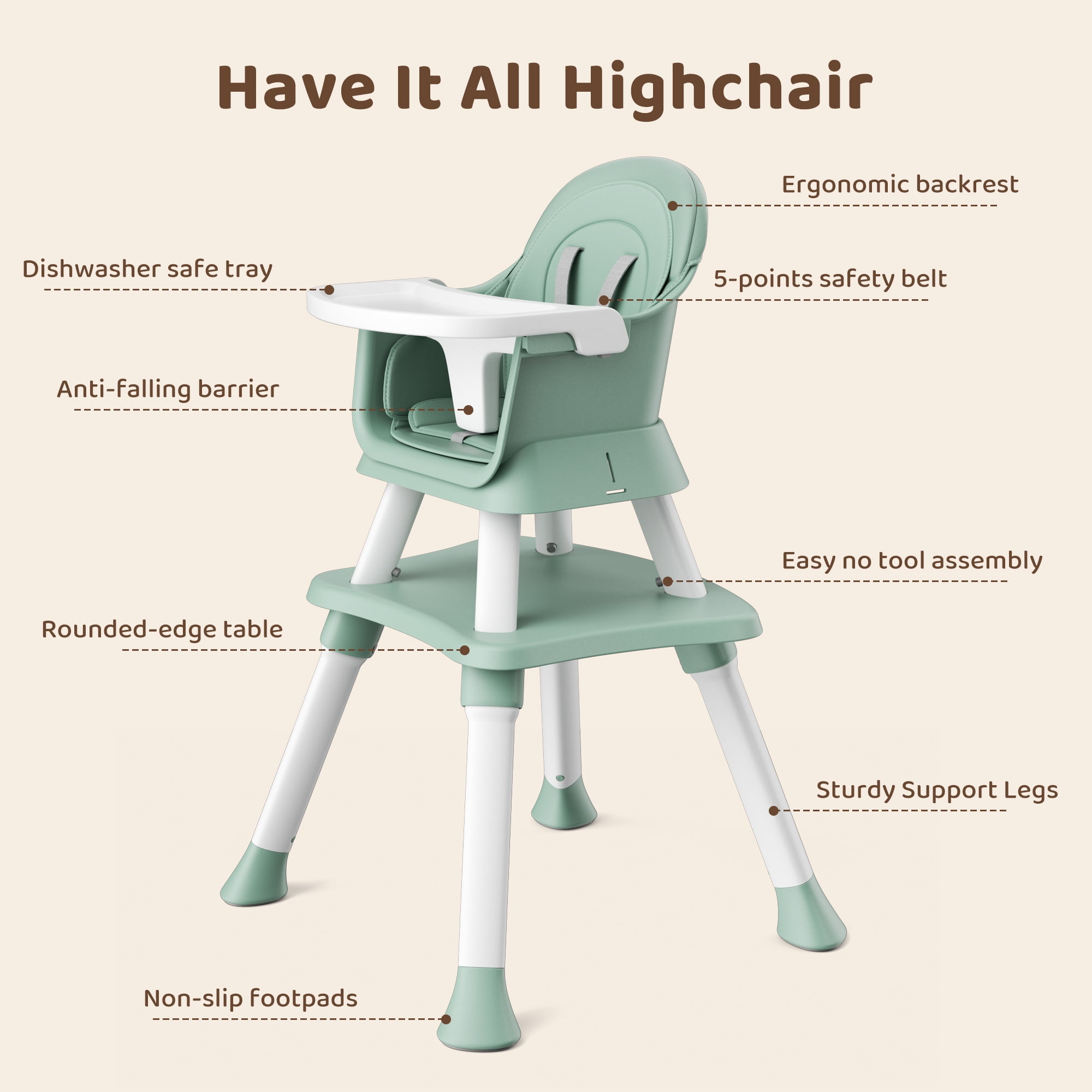 AILEEKISS 8-in-1 Baby High Chair, Toddler Booster Seat with Dishwasher-Safe Tray, Green