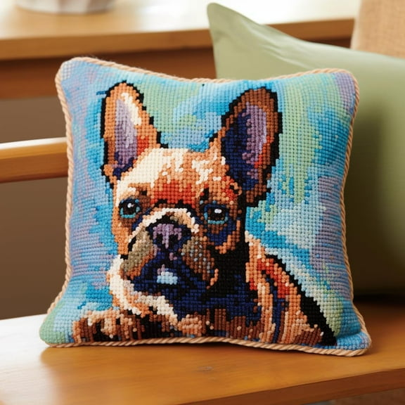 French Bulldog Latch Hook Kits Pillow Crochet Yarn Cushion Pre-Printed Rug Needlework DIY Pillowcase Hook and Latch Kit Christmas Home Sofa Decoration 43x43cm(2)