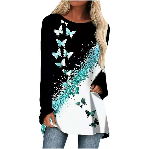Aoochasliy Ladies Tops Long Sleeve O-neck Casual Long-Sleeved Butterfly Print Pullover Tops