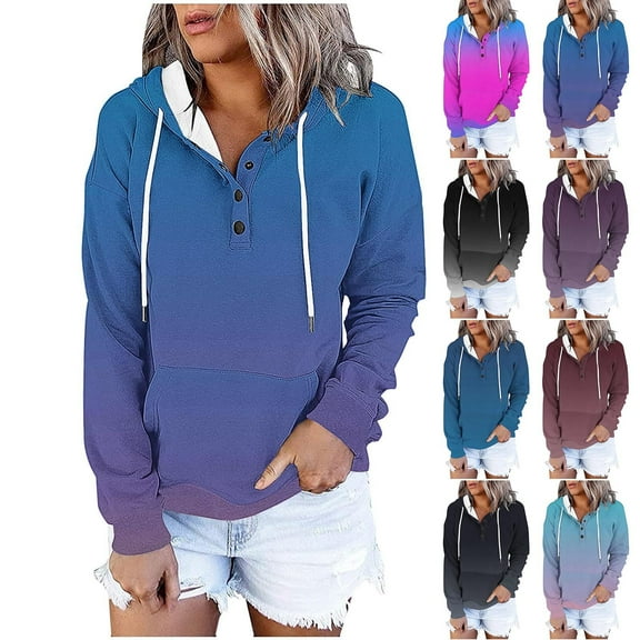 HVOBTTY Women's Long Sleeved Sweatshirts, Fall Tops for Women, Women's Casual Fashion Printed Button Drawstring Hooded Pocket Pullover Sweatshirts Hot Pink, S