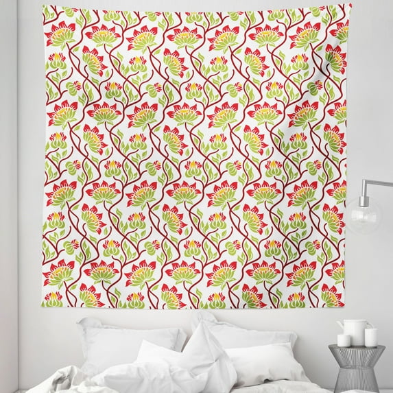 Floral Tapestry, Abstract Pattern with Blooming Gardening Plants Beauty of Nature Summer Field Theme, Fabric Wall Hanging Decor for Bedroom Living Room Dorm, 5 Sizes, Multicolor, by Ambesonne
