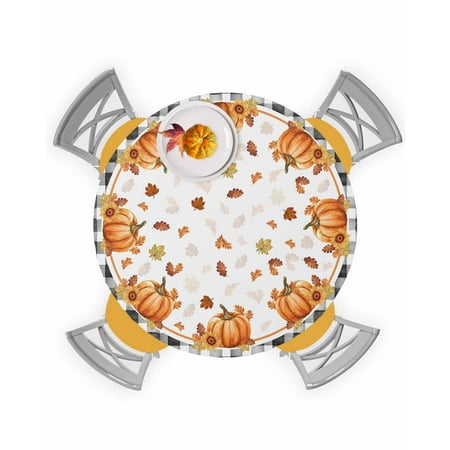 

Round Tablecloth with Elastic Fall Thanksgiving Pumpkin Maple Leaves Black White Plaid Waterproof Stain-proof Table Cover Wipeable Fitted Table Cloths for 55 -60 Round Tables Dining Kitchen