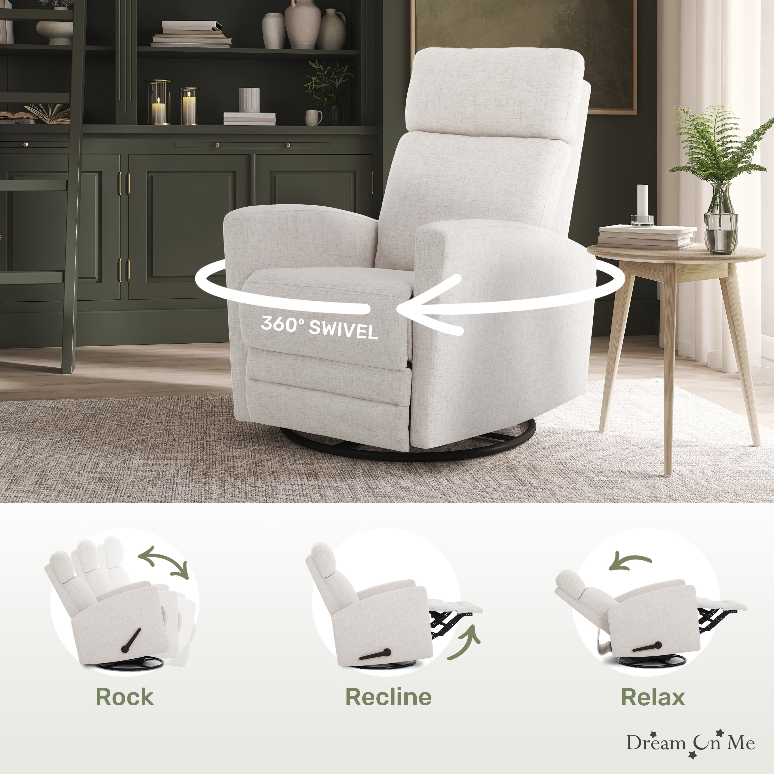 Dream On Me Chatham Nursery Glider Recliner and Rocking Chair in Ecru, 360° Swivel Motion, Smooth Rocking Motions, FSC and Greenguard Gold Certified