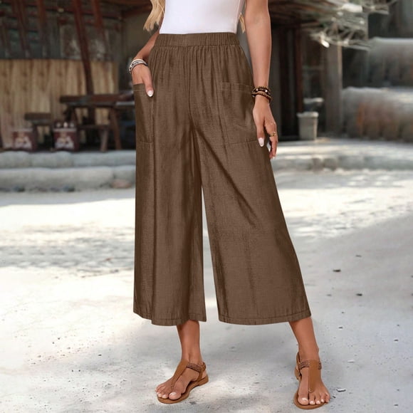 TaTaai Women's 7/8 Length Culottes Solid Color Wide Leg Design with Elastic Waist and Side Pockets Linen-Like Casual Trousers for Daily Wear Gift