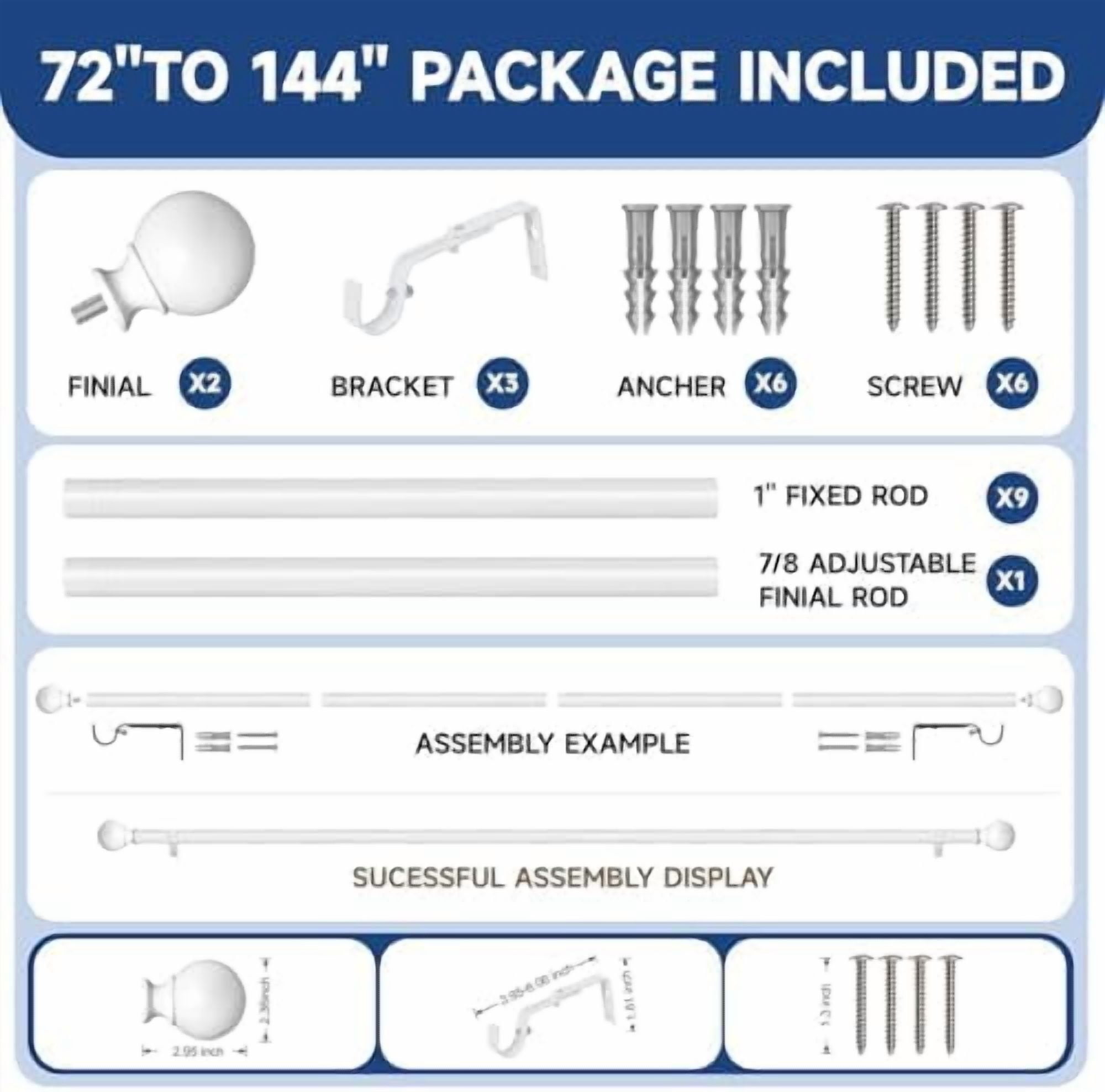 White Curtain Rods for Windows 72 to 144 Inch(6-12ft) - 1'' Diameter Heavy Duty Curtain Rods with Imitation Wood Grain Pattern Finials,Adjustable Decorative Curtain Rods Set,28-144''