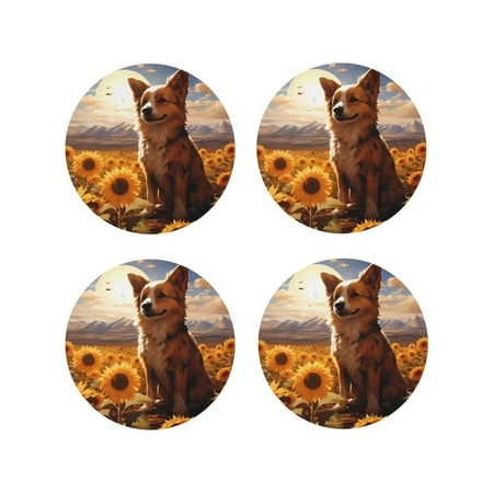 

Tideii Vintage Cute Corgi Sunflower for Leather Coasters 4 Pieces Anti-fouling and Anti-scalding Decorative Coasters Suitable for Restaurants Kitchens Coffee Shops-Round Shape