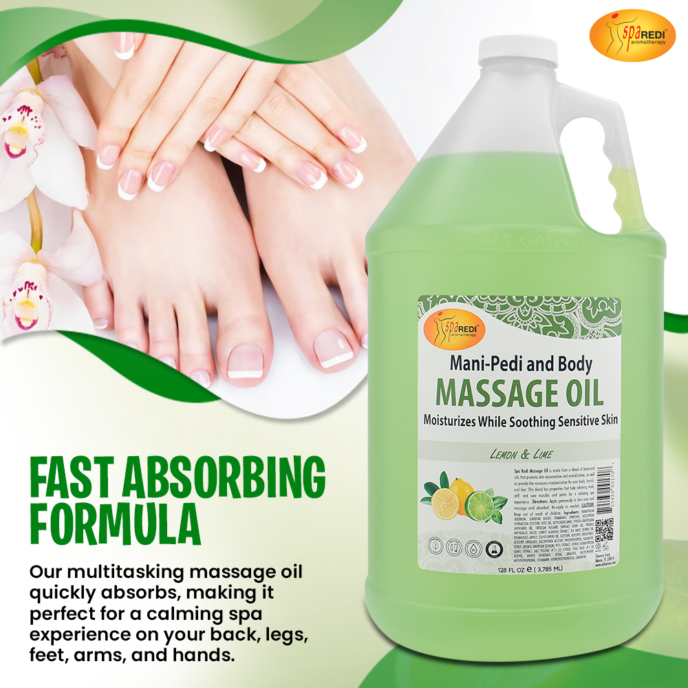 SPA REDI - Massage Oil, Lemon and Lime, 128 Oz - Professional Pedicure, Manicure, Full Body Massage Therapy, with Almond Oil, Cotton Seed Oil, Sunflower Oil, Avocado Oil, Essential Oils, Vitamin E