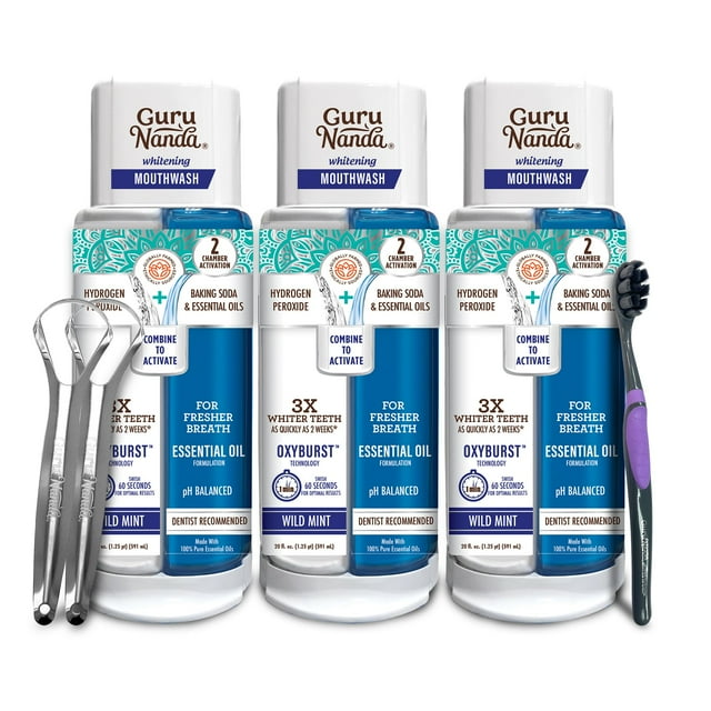 GuruNanda Teeth Whitening Dual Barrel Oxyburst Mouthwash - Alcohol & Fluoride Free, Hydrogen Peroxide to Promote Whiter Teeth - Wild Mint - 3x20 Fl Oz