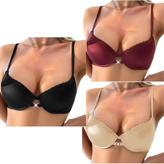 Ahuyic Summer Plus Size Bra For Women, Womens Solid Color Casual Bra, Fashion Women Solid Color Wireless Lace Buckle Together Daily Bra,Black S