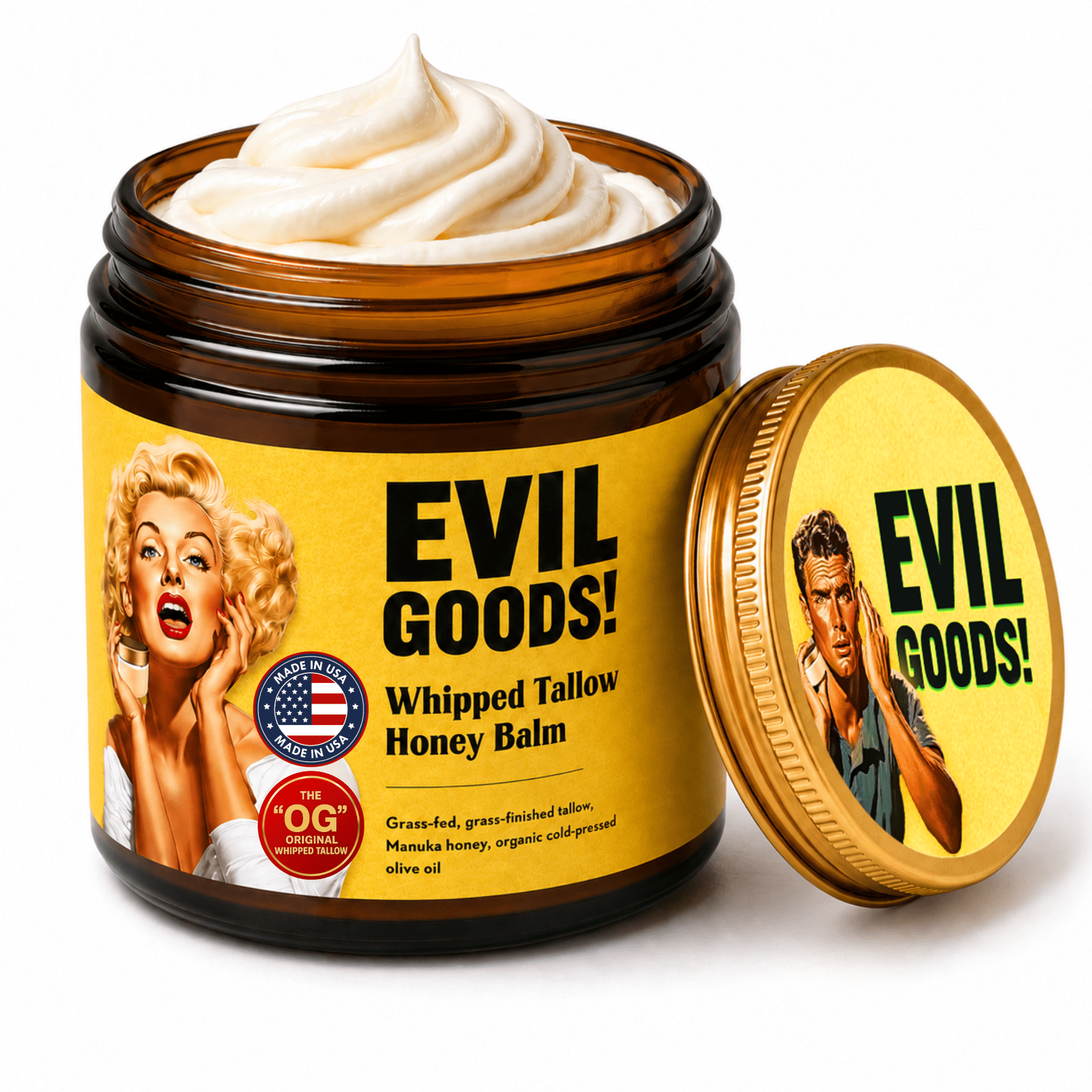 EVIL GOODS Whipped Tallow & Manuka Honey Balm, 4 oz, Unscented – Natural Face Moisturizer, Body Lotion & Lip Balm for Dry, Sensitive Skin
