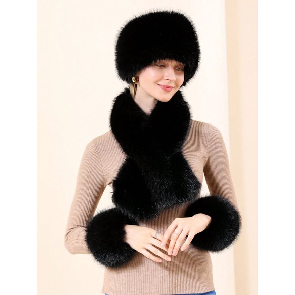 3pcs Women's Fox Fur Simple Headband, Scarf And Wrist Warmer Set
