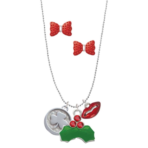 Delight Jewelry Silvertone Shamrock - Round Seal Christmas Kiss Charm Necklace and Stud Earrings
