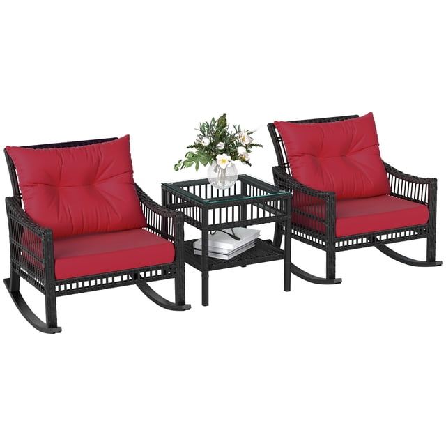 Outsunny Ensemble de 3 Chaises Berçantes en Rotin PE, Chaise Berçante d'Extérieur, Rouge