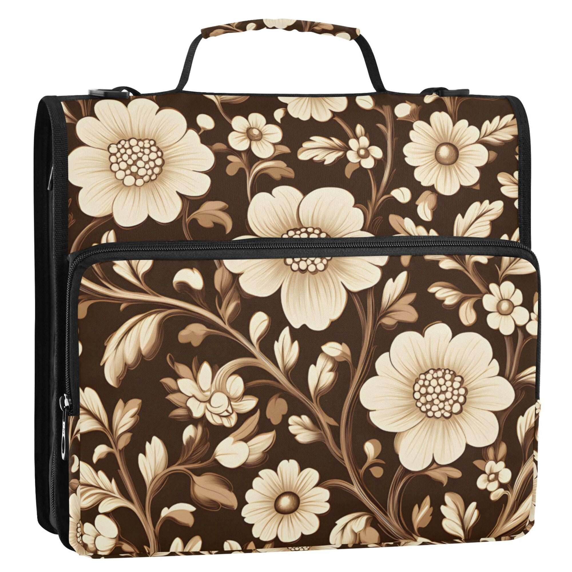 FORMRS Zipper Binder with Shoulder Strap 2-inch Ring 500 Sheet Capacity File Bag, Brown Floral