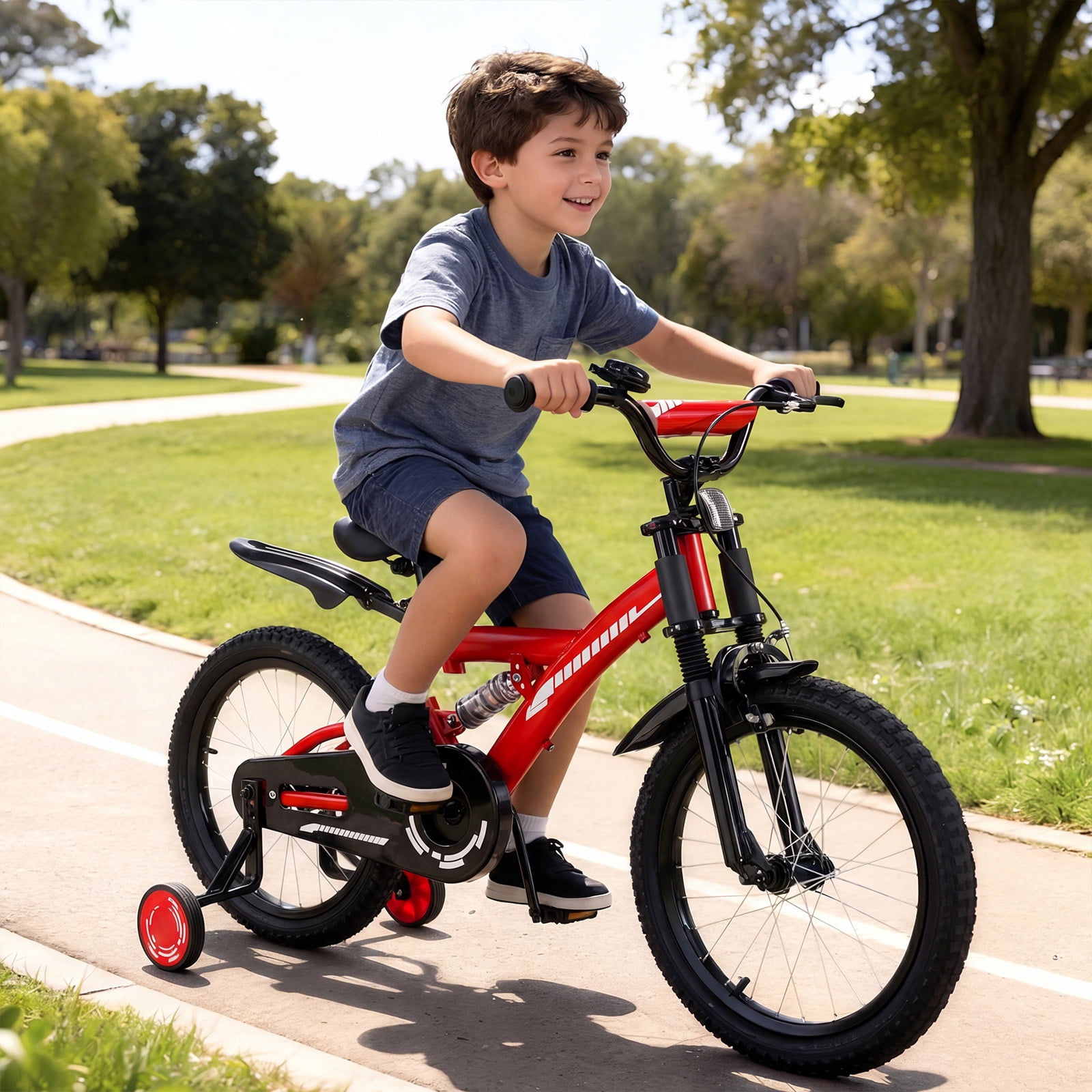 SUGIFT 18 Inch Kids Bike for Boys Girls Ages 6-9, Training Wheels, Handbrake and Bell, Red