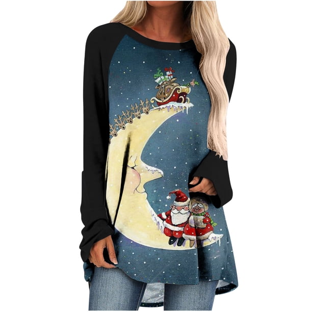 Camiseta de manga larga con cuello redondo y estampado navideño para mujer Pompotops qwe24194