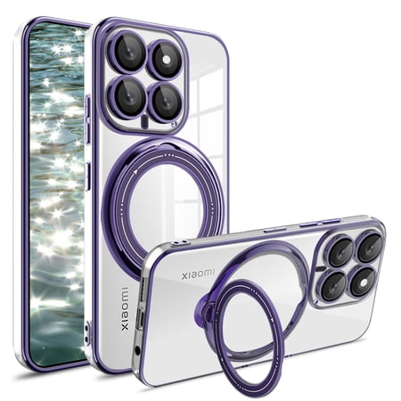 CCSmaller for Xiaomi 14 Case with Camera Lens Protector, Non-Yellowing Shockproof Phone Bumper Cover with Stand & Ring Holder TPU Clear Case for Xiaomi 14 LD Purple