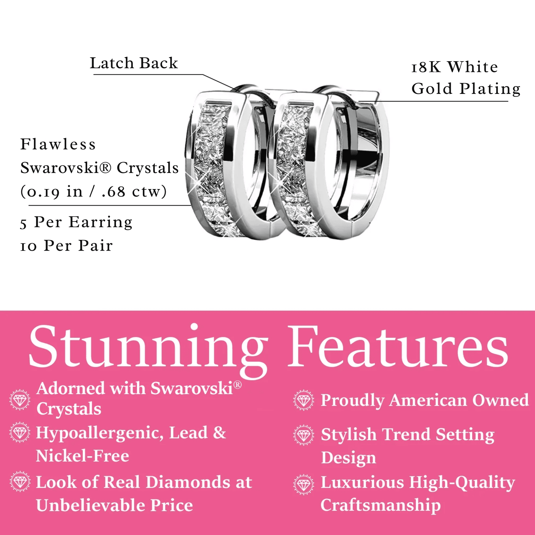 Cate & Chloe Pack of 3 - Giselle 18k Gold Plated 15mm Hoop Earrings with Swarovski Crystals for Women