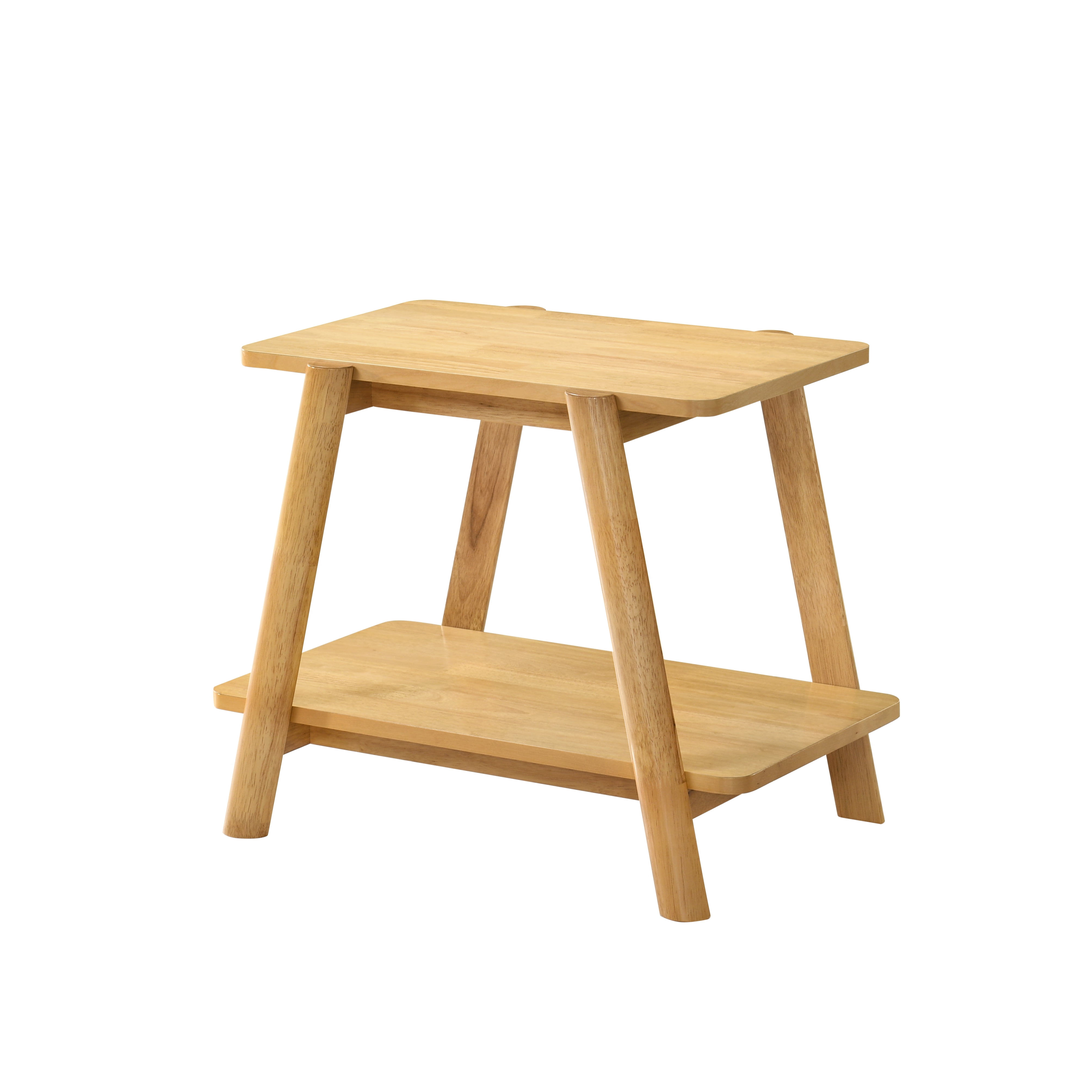 Mid‑Century Modern Natural Oak Finish Wood Shelf End Table, Sculptural Curved Side Table Nightstand with Under‑Table Storage Shelf