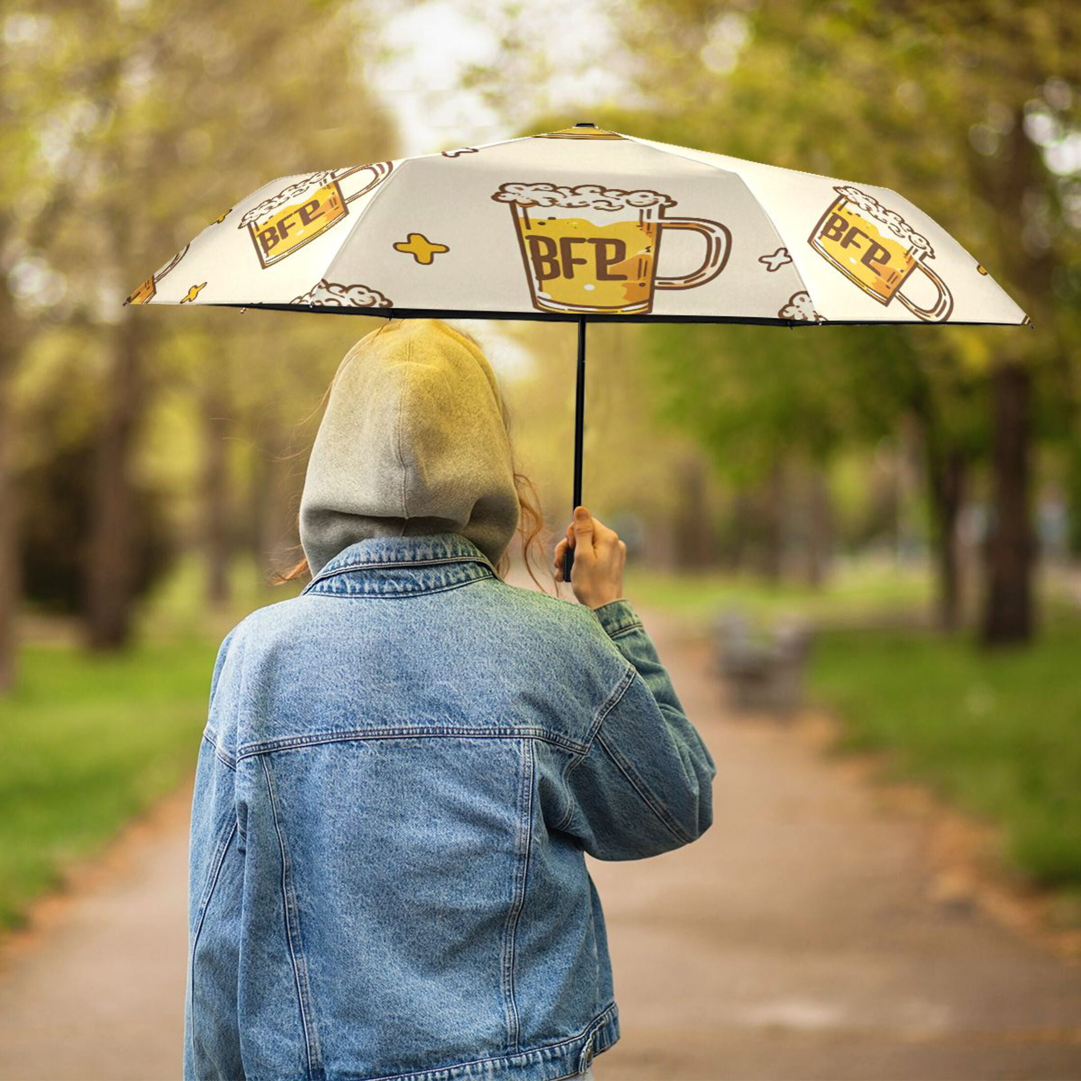 Cartoon Beers and Stars All Weather Umbrella Triple Folding Parasol 6 Ribs UV Protection Portable