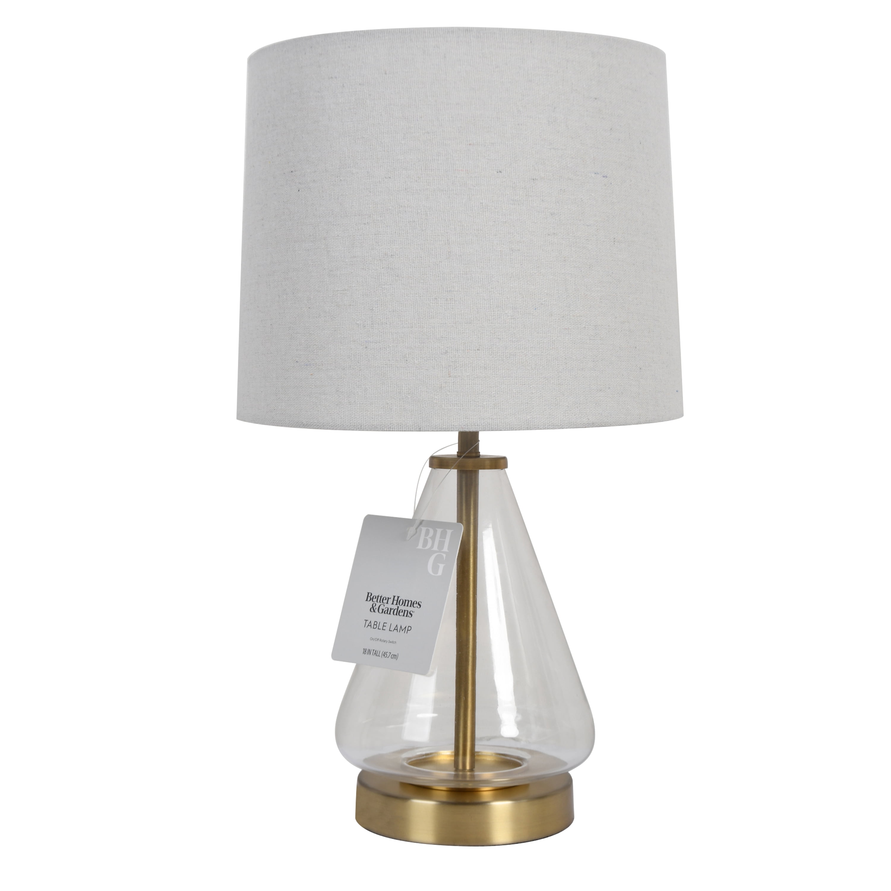 Better Homes & Gardens 18" Clear Glass Table Lamp with Brass Metal Base and Beige Shade
