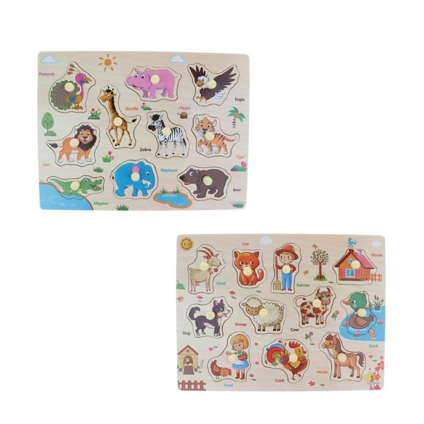 Yinanstore 2 Sets Wooden Peg Puzzle Educational Toys 4 Year Olds Baby Toddlers Zoo Farm Animals Multicolour Size Lxwxh 30 X 22.5 X 1.5 Cm
