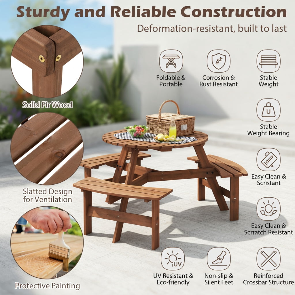 Hommoo 6-Person Round Outdoor Picnic Table Set with 3 Built-in Benches, Umbrella Hole & Weather-Resistant Fir Wood, Brown