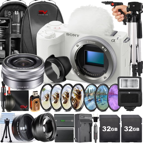 Sony ZV-E10 II Mirrorless Camera (White) with 16-50mm Lens   2 Pack 32GB Memory Card   Backpack   Filter Kit   Full Size Tripod   SV Premium Accessory Bundle