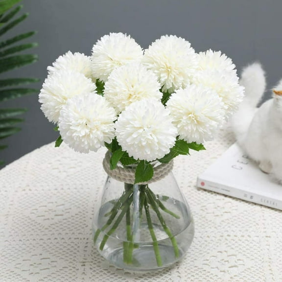 MAMOWEAR 10PCS Artificial Hydrangea Flowers, Fake Silk Chrysanthemum Ball Flower for Wedding Bouquet Home Garden Party Wedding Decoration(White)