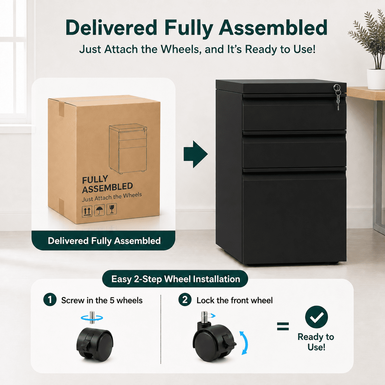 GALAXHERO 3 Drawer Metal File Cabinet with Lock(No Assembly), Mobile Printer Cabinet & Small Under Desk Filing Cabinet for Home Office, Fits Legal/Letter/A4, Black