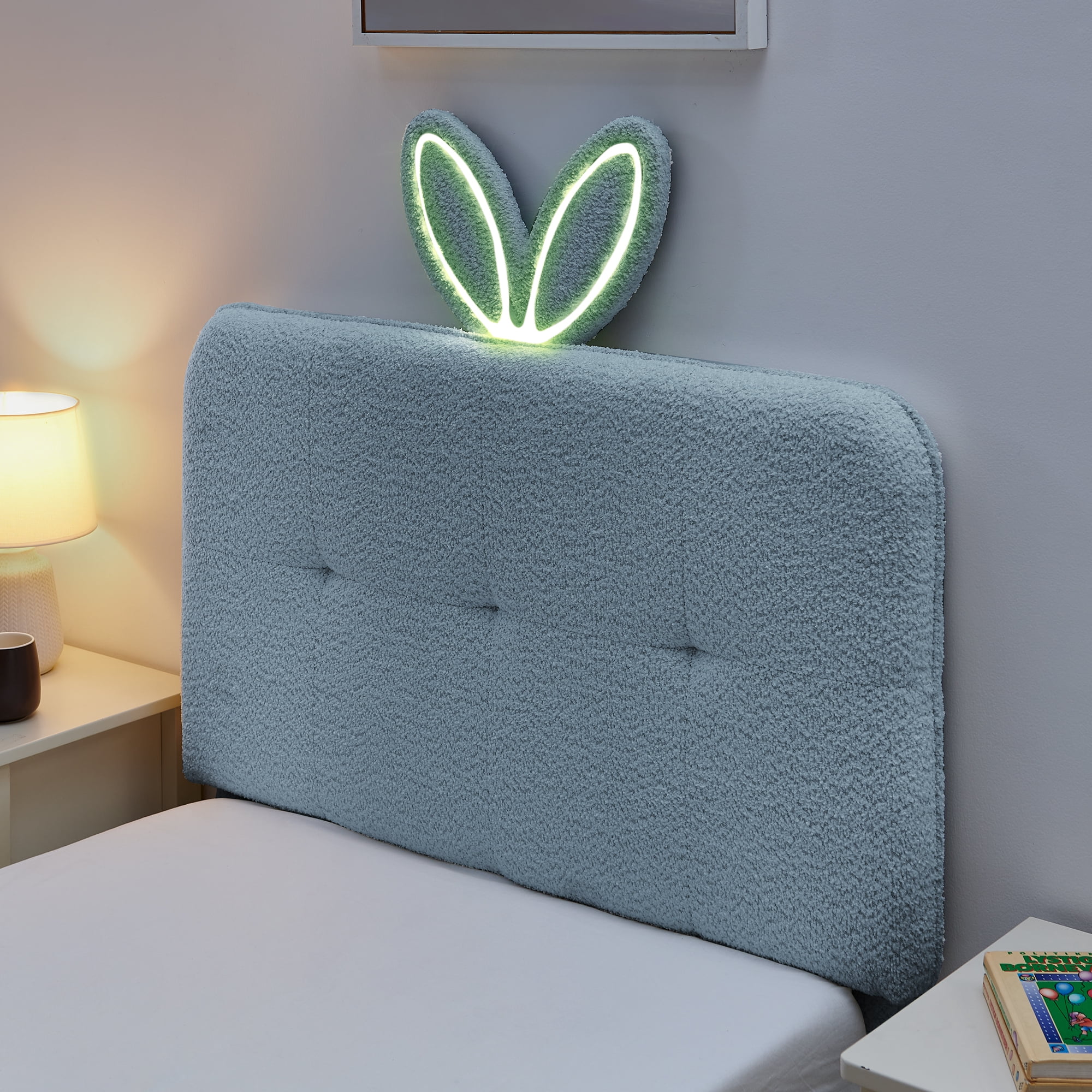 Avobird Twin Size Kids Upholstered Bed with Oversized Rabbit Ear Headboard, LED Light & 4 Storage Drawers, Boucle Fabric, Navy
