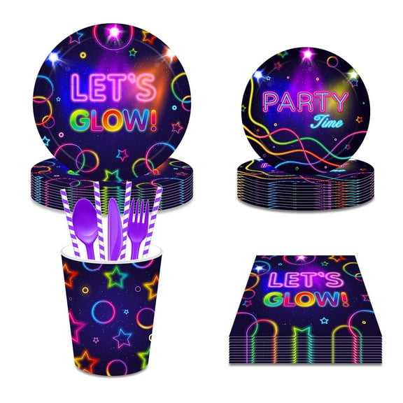 CC HOME Glow Party Dinnerware Set Serves 16 - Disposable Paper Plates, Napkins, Cups, Forks, Neon Glow in the Dark Theme Party Supplies for 16 Guests