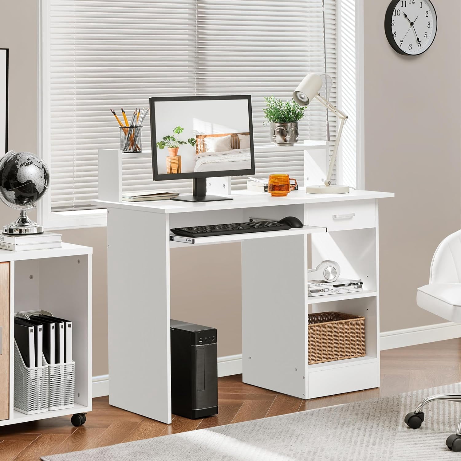 NEWto Home Office Wood Computer Desk with Keyboard Tray and Drawers, Students Writing Table with Storage Drawers & Hutch, Modern PC Laptop Desk, Multifunctional Workstation, White