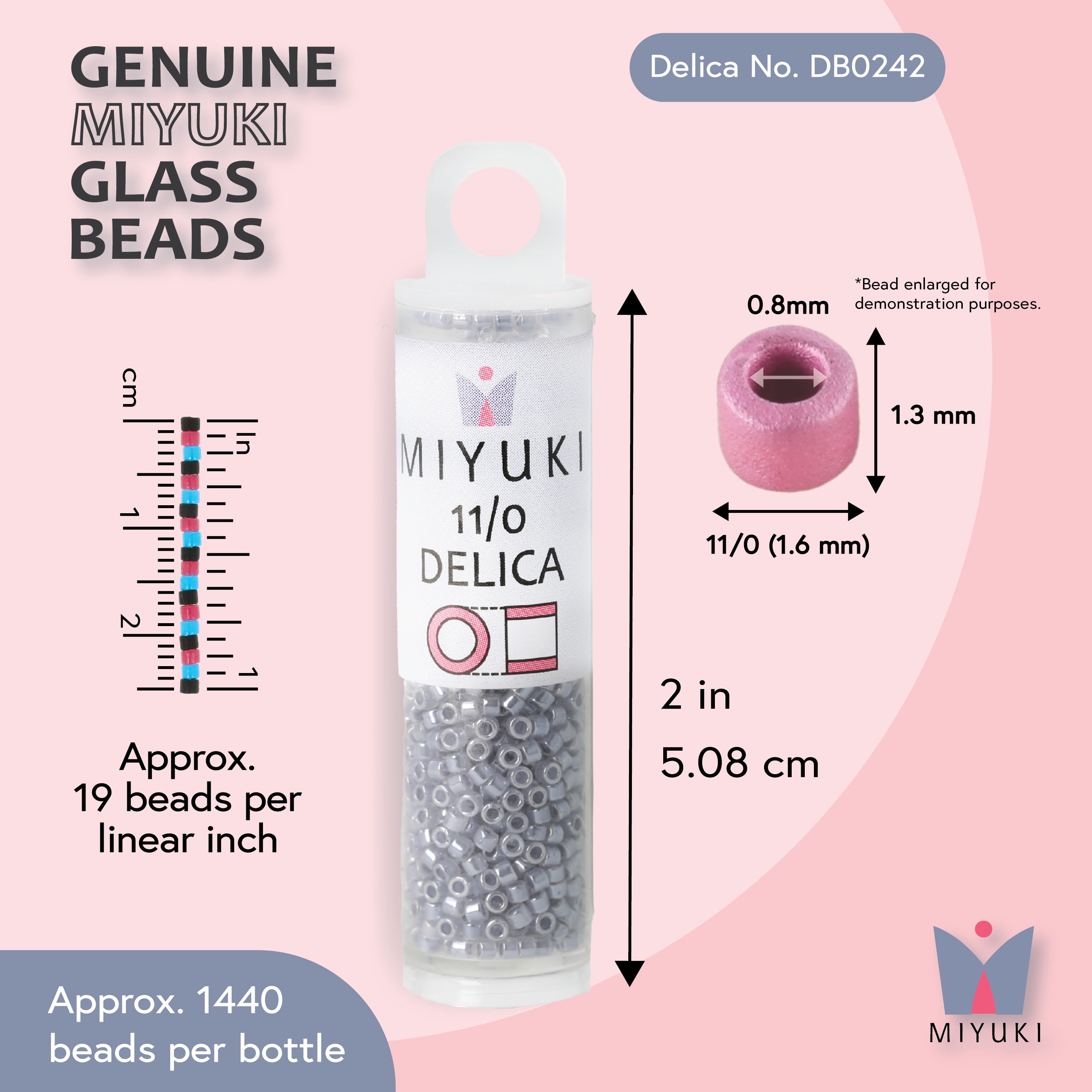 Miyuki Delica Seed Beads – Size 11/0 (1.6 mm), DB0242, Lined Crystal Gray, 7.2 g, Approx. 1440 Beads
