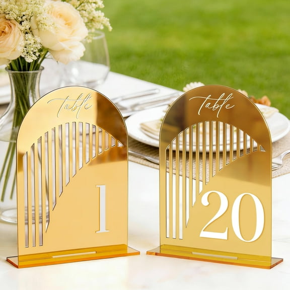 Beautiful Gold Wedding Table Numbers With Base Stands - Elegant Double Sided 5.5x7.3 inch Acrylic Signs Numbered 1-20 - The Perfect Decor For Your Wedding Reception Or Events