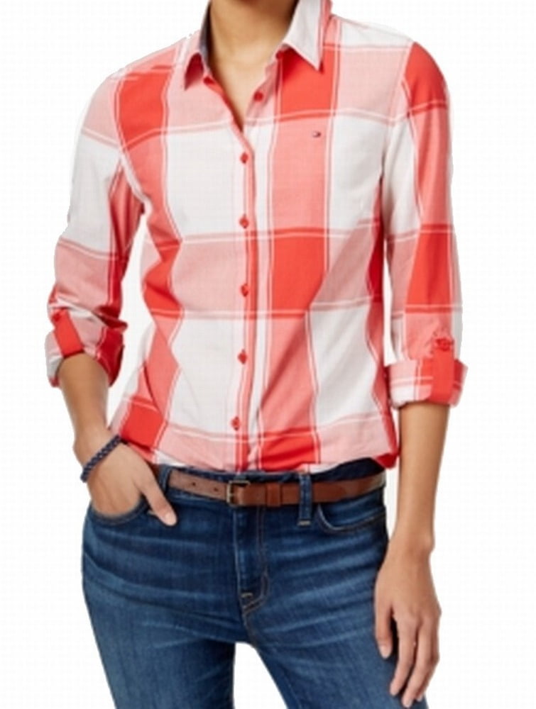 woman red button down shirt woman red button down shirt