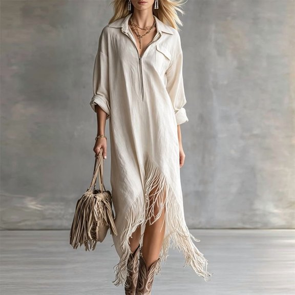 Morttic Women's Lapel Half Zip Front Long Sleeve Asymmetric Fringe Hem Loose Bohemian Casual Vacation Shirt Maxi Dress White,S