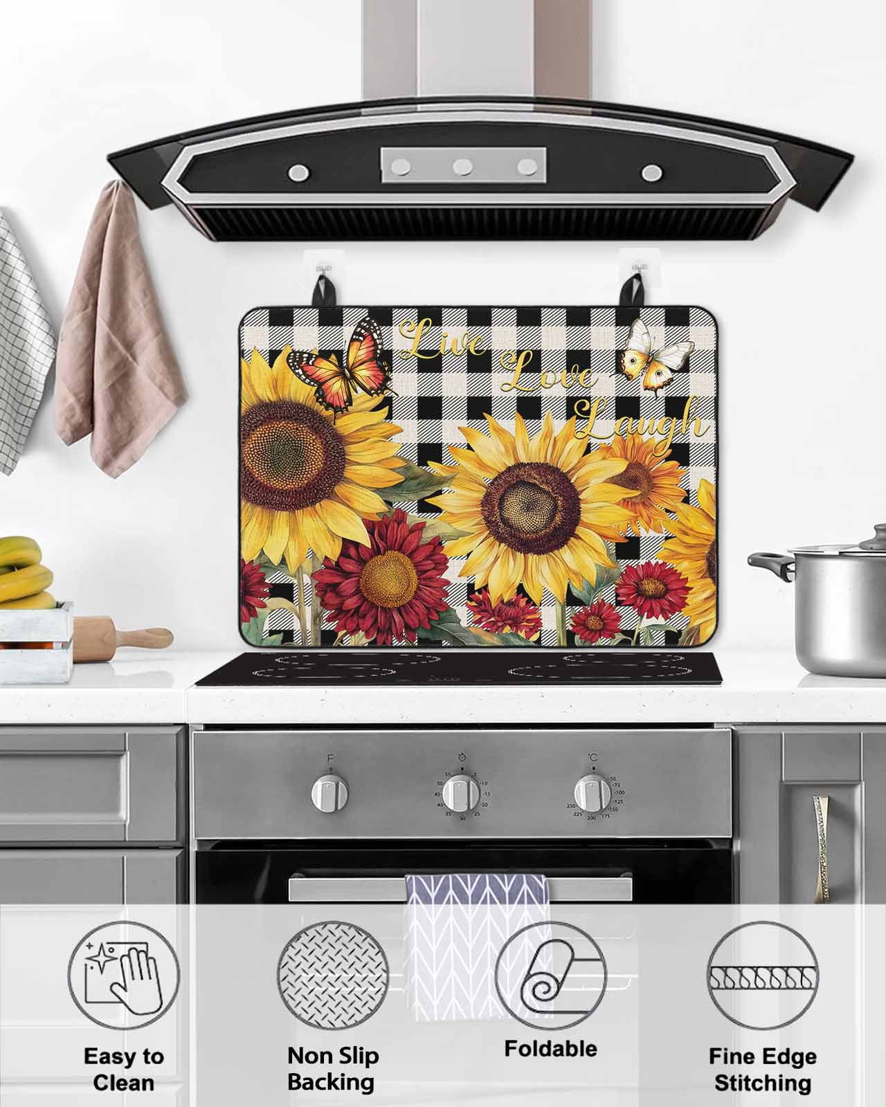 nqOlkjepod Large Induction Cooktop Protector Mat 24"x21", Sunflower Black Check Stove Top Covers for Electric Stove, Farmhouse Flowers Butterfly Stove Burner Cover Mats, Glass Top Stove Cover