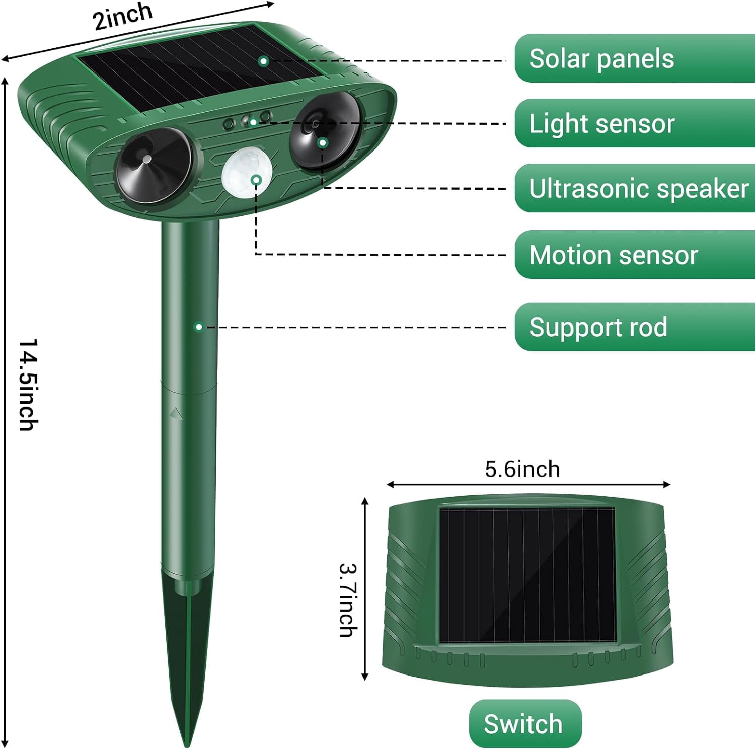 2 Pack Stray Cat Deterrent Outdoor Solar Powered, Motion Activated Ultrasonic Animal Repeller for Gardens Yards, Repels Deer Squirrels Skunks Rabbits, Humane Critter Ridder & Bear Deterrent Devices