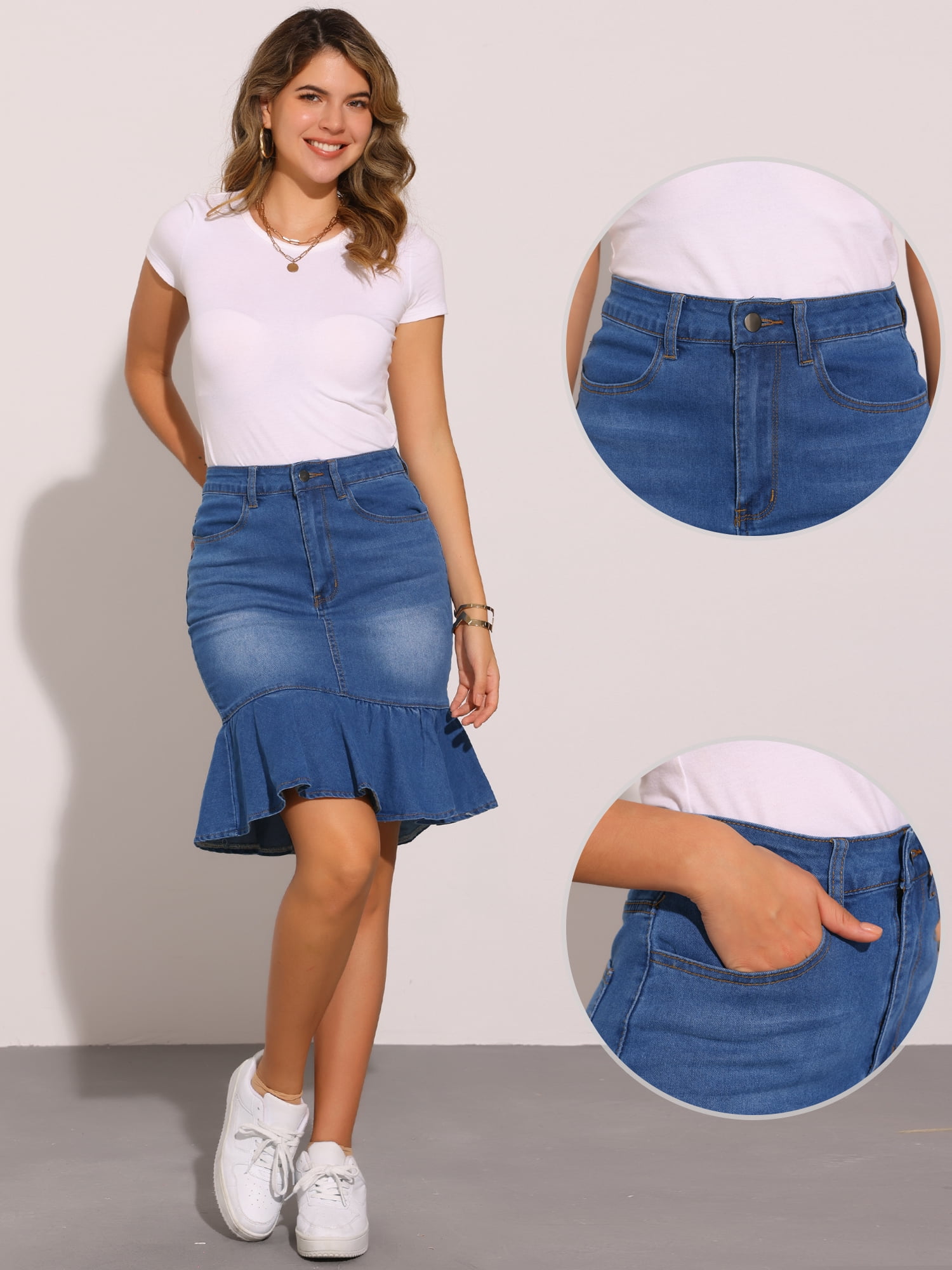 DARING DIVA Women's Bodycon Fishtails Ruffled Knee Length Jean Skirt L Blue
