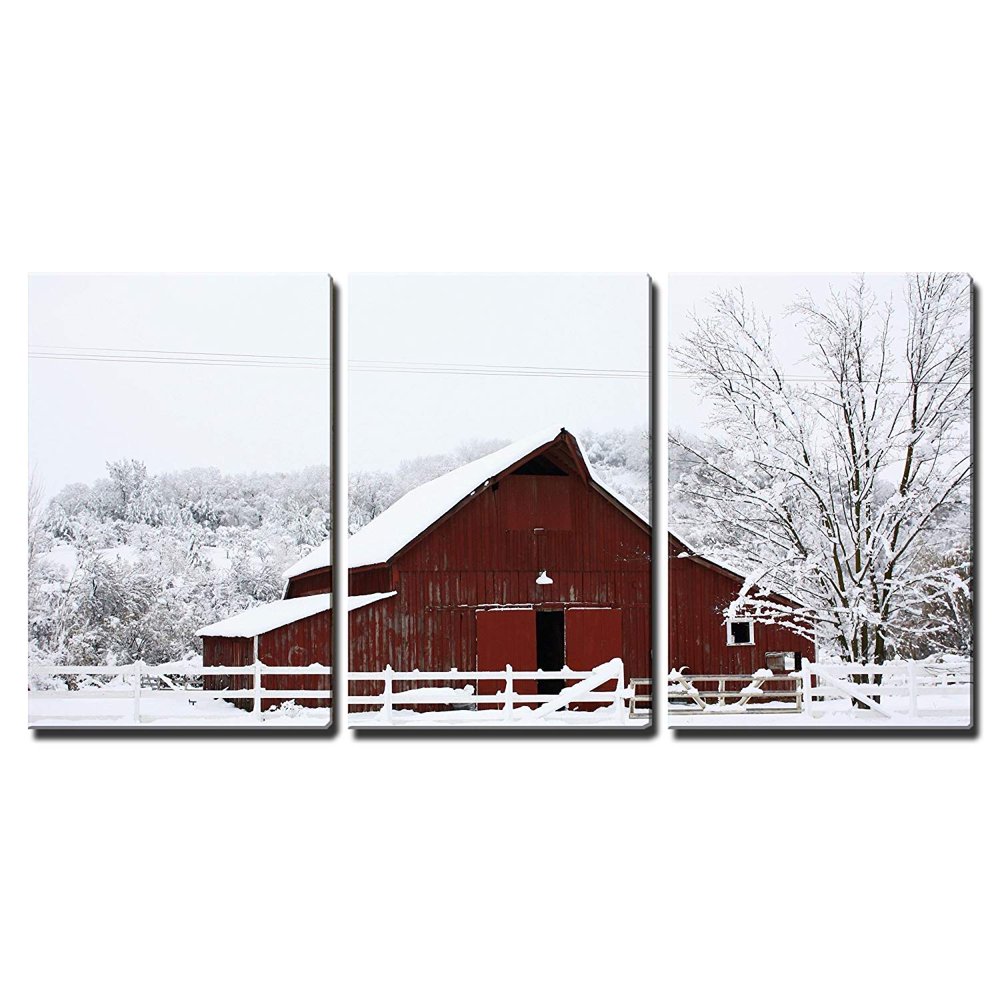 Wall26 3 Piece Canvas Wall Art Big Red Barn in The Snow Modern Home