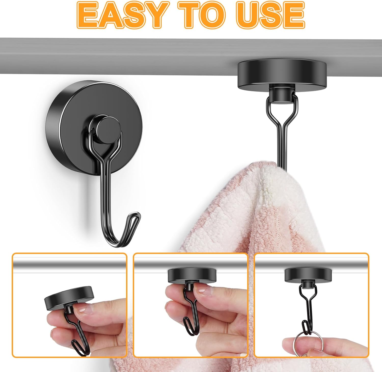 RGHJAR-12 Pack 110LBS Black Magnetic Hooks Heavy Duty, Strong Swivel Magnetic Hooks for Hanging, Neodymium Magnet Hooks for Fridge Classroom Garage
