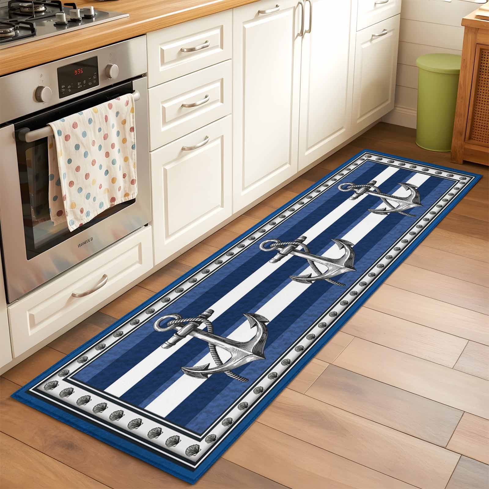 Runner Rugs 2x6 Ft, Navy Blue Anchor Non Slip Area Rugs for Kitchen Bedroom Entryway, Nautical Summer Beach Coastal Ocean Washable Carpet Runner Rug Floor Mats for Bedroom Home Decor