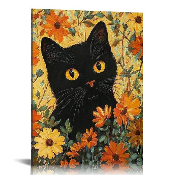 FCXZI Black Cat Flowers Art Modern Canvas Prints Wall Decor 12x16in